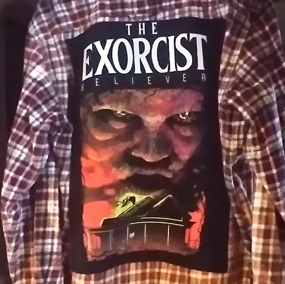 upcycled bleached flannel shirt w/ custom EXORCIST MOVIE back patch - Picture 2 of 4